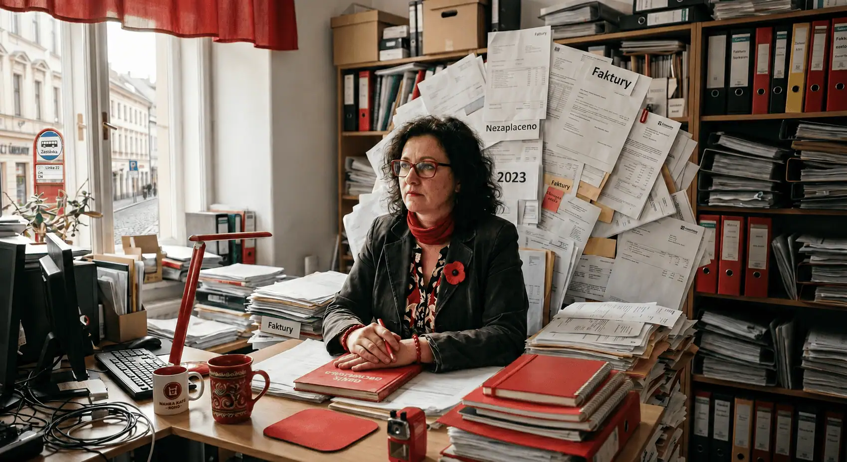 Žena sedí v kanceláři obklopená šanony a fakturami - generováno AI