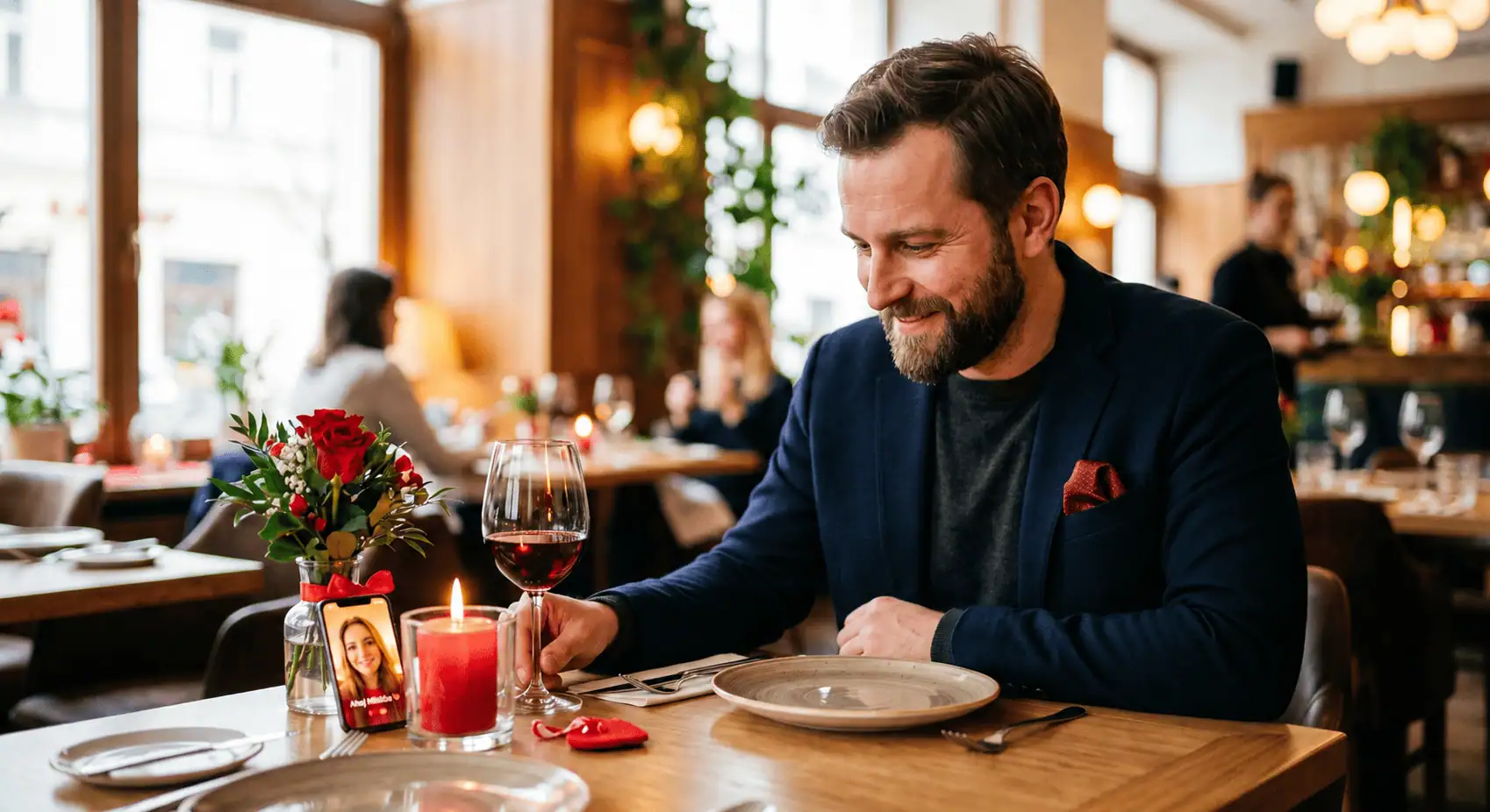 Muž sedí v restauraci a usmívá se při videohovoru během večeře - generováno AI