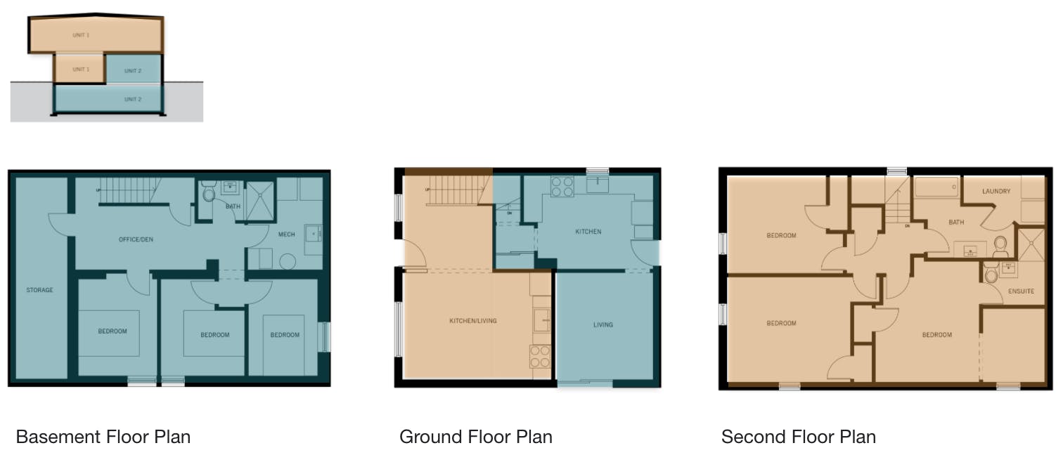Basement, ground and second floor plan