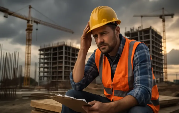 Construction worker in hard hat and vest sits worried at a site with cranes and half-built towers under stormy skies.