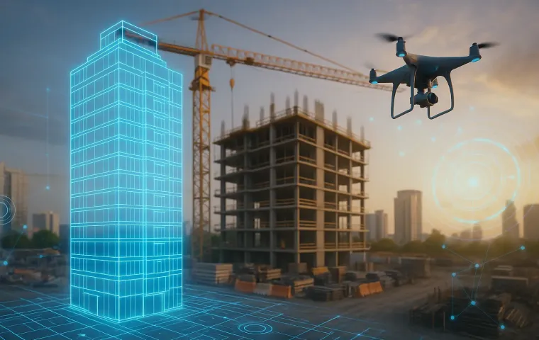 Construction site with crane, drone, and glowing holographic building model symbolizing BIM and digital transformation.