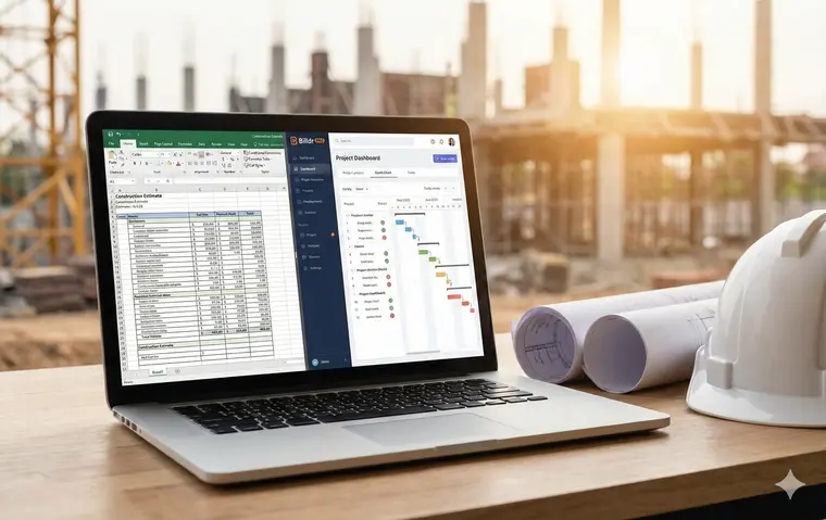 Un ordinateur portable ouvert sur un bureau de chantier, affichant un modèle de devis de construction Excel.