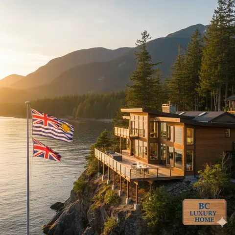 Une nouvelle maison en Colombie-Britannique avec le drapeau de l'État flottant