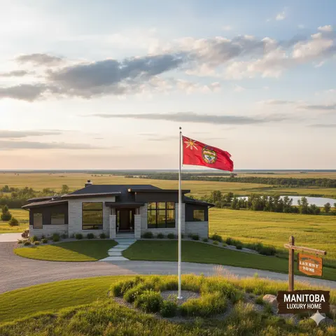 Une nouvelle maison au Manitoba avec le drapeau de l'État flottant