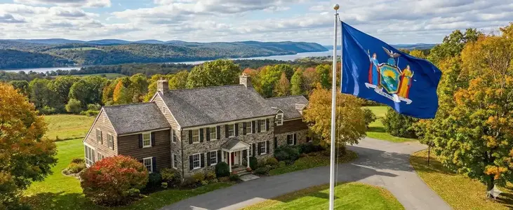 Une nouvelle maison à New York avec le drapeau de l'État de New York flottant.