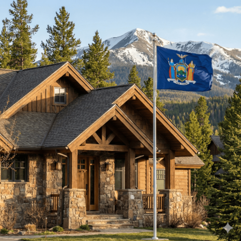 Une nouvelle maison dans le Colorado avec le drapeau de l'État flottant