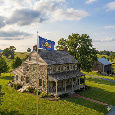 Une nouvelle maison en Pennsylvanie avec le drapeau de l'État flottant