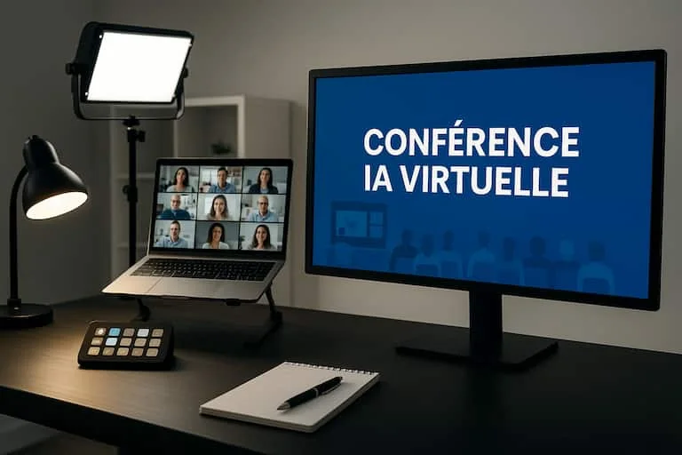 Installation de visioconférence avec écran, caméra et participants à distance