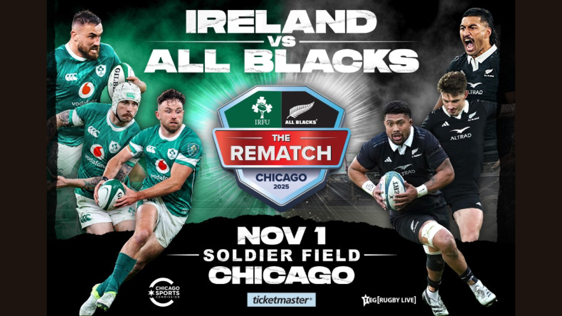 Ireland vs All Blacks matchup graphic. 