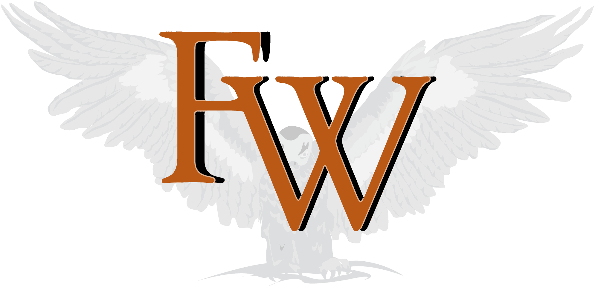 Illustration of a white falcon with wings spread wide behind large orange letters 'F' and 'W'.