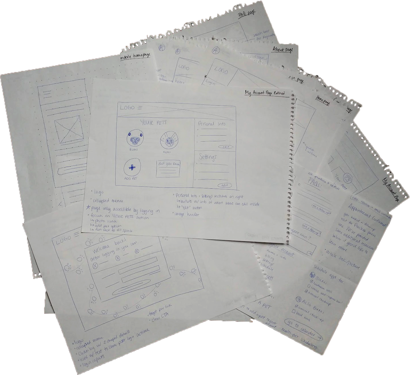a pile of papers with sketches in blue ink