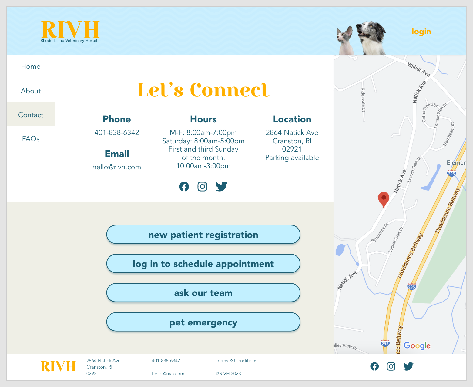 The RIVH Contact page with the heading "Let's Connect" in orange lettering at the top of the page. A map showing the office location is shown on the right hand side of the screen.