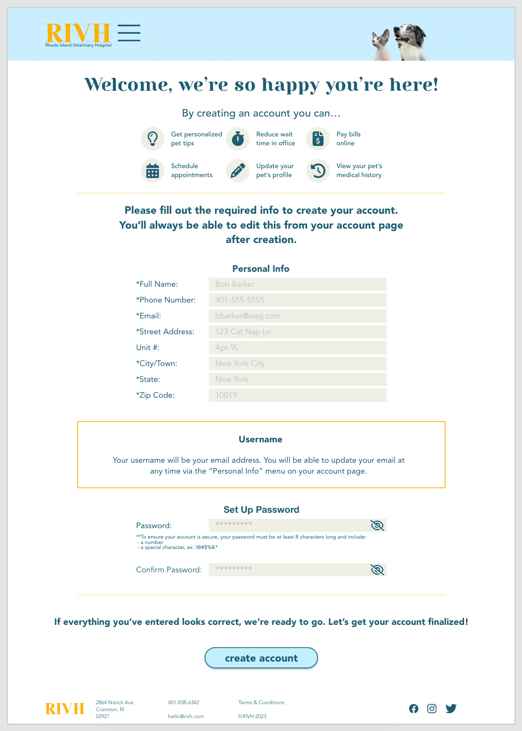 The RIVH create an account page shown with the heading "Welcome, we're so happy you're here!" title at the top. Benefits of creating an account are listed above the information fields and instructions.