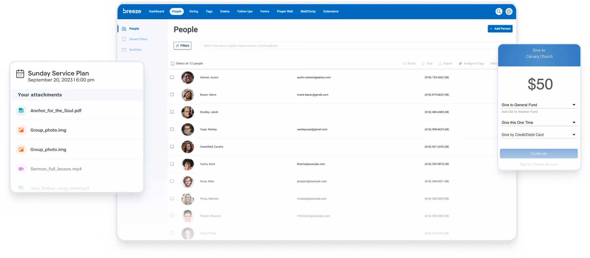 Breeze church management software dashboard with a Sunday service plan and an online giving form