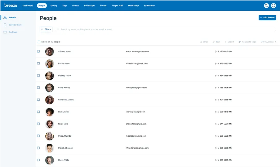 Breeze church management software people directory