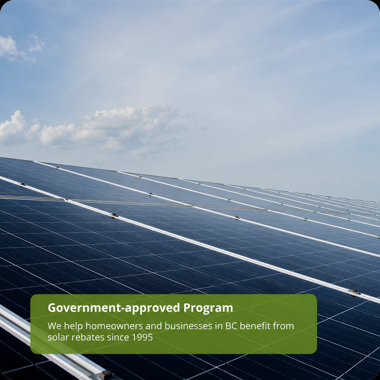 Blue solar panels under a partly cloudy sky with overlay text about a BC solar rebate program.