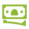 Green icon of stylized money bills stacked, symbolizing cash or finance.