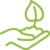 Green outline of a hand holding a seedling with two leaves representing growth and sustainability.