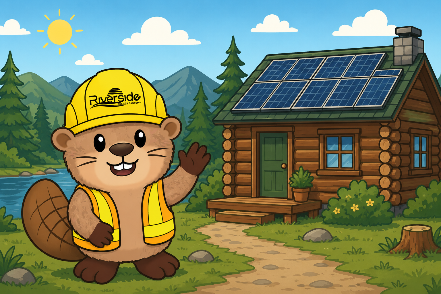 Cartoon beaver wearing a yellow hard hat and safety vest waving with a smile.