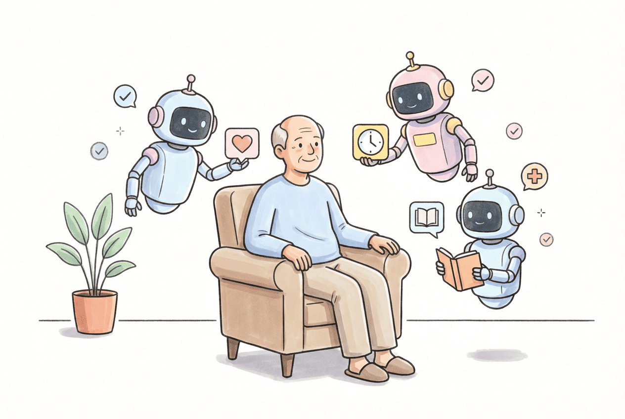 Illustration of an elderly man sitting in a chair surrounded by three friendly robots holding icons for heart, clock, and book.
