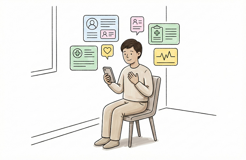 Illustration of a person sitting on a chair using a smartphone with floating digital health icons around them.