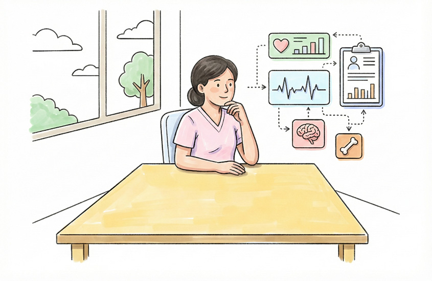 Woman in pink scrubs sitting at a desk, thinking, with floating medical icons including a heart, brain, bone, heartbeat line, and a patient chart around her.