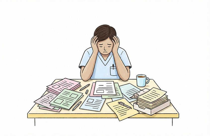 Illustration of a stressed healthcare worker sitting at a table cluttered with paperwork and a coffee mug, holding their head in frustration.