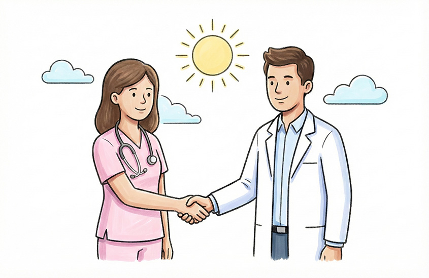 Illustration of a female nurse and a male doctor shaking hands under a bright sun with clouds in the background.