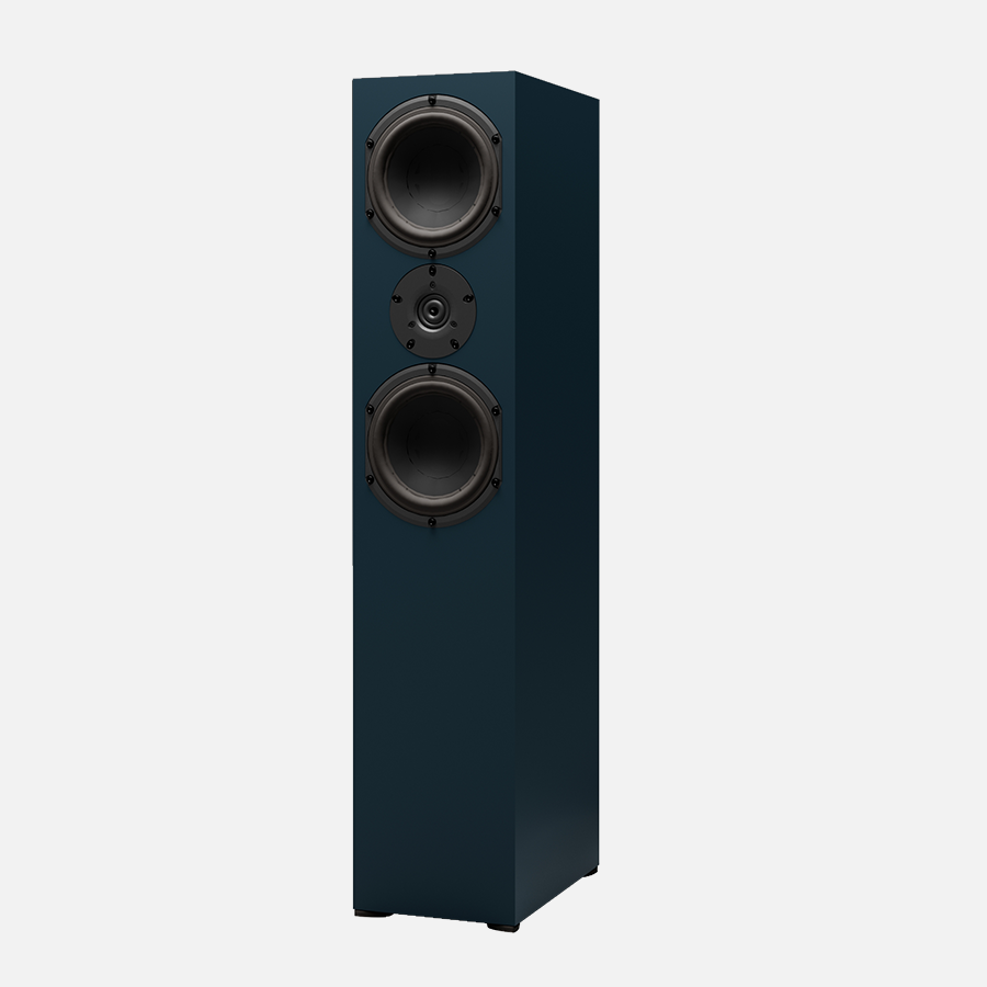 Tall navy blue floor-standing speaker with two large woofers and one smaller tweeter in the center.