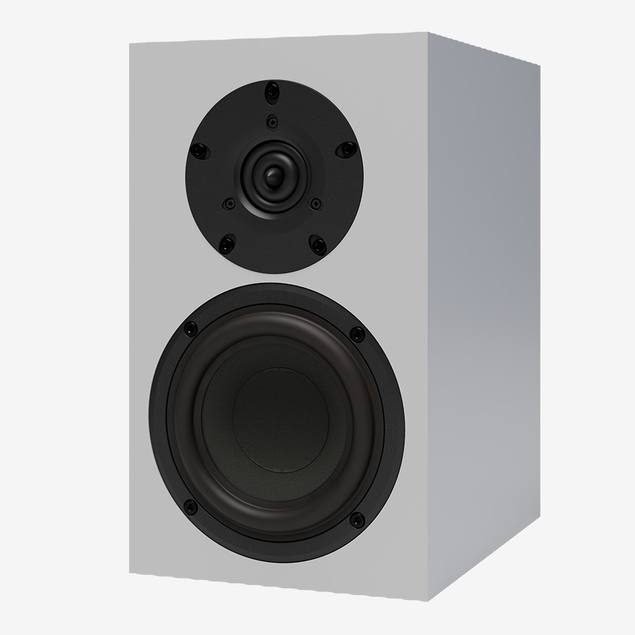 White rectangular speaker with a black tweeter and a larger black woofer on the front panel.