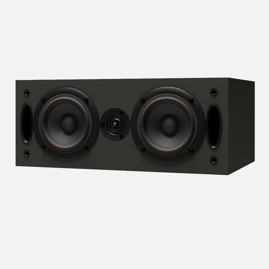 Rectangular black speaker with two large woofers and one smaller tweeter in the center.