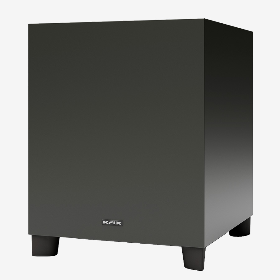 Black Krix branded subwoofer speaker with a cube shape and four short legs.