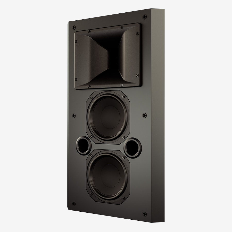 Black rectangular speaker with two large woofers, two ports, and a horn tweeter at the top.