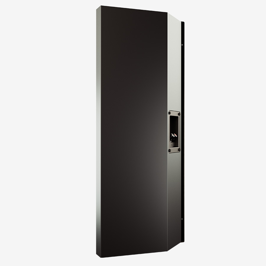 Tall black speaker cabinet with a rear panel featuring connection terminals and mounting bracket.