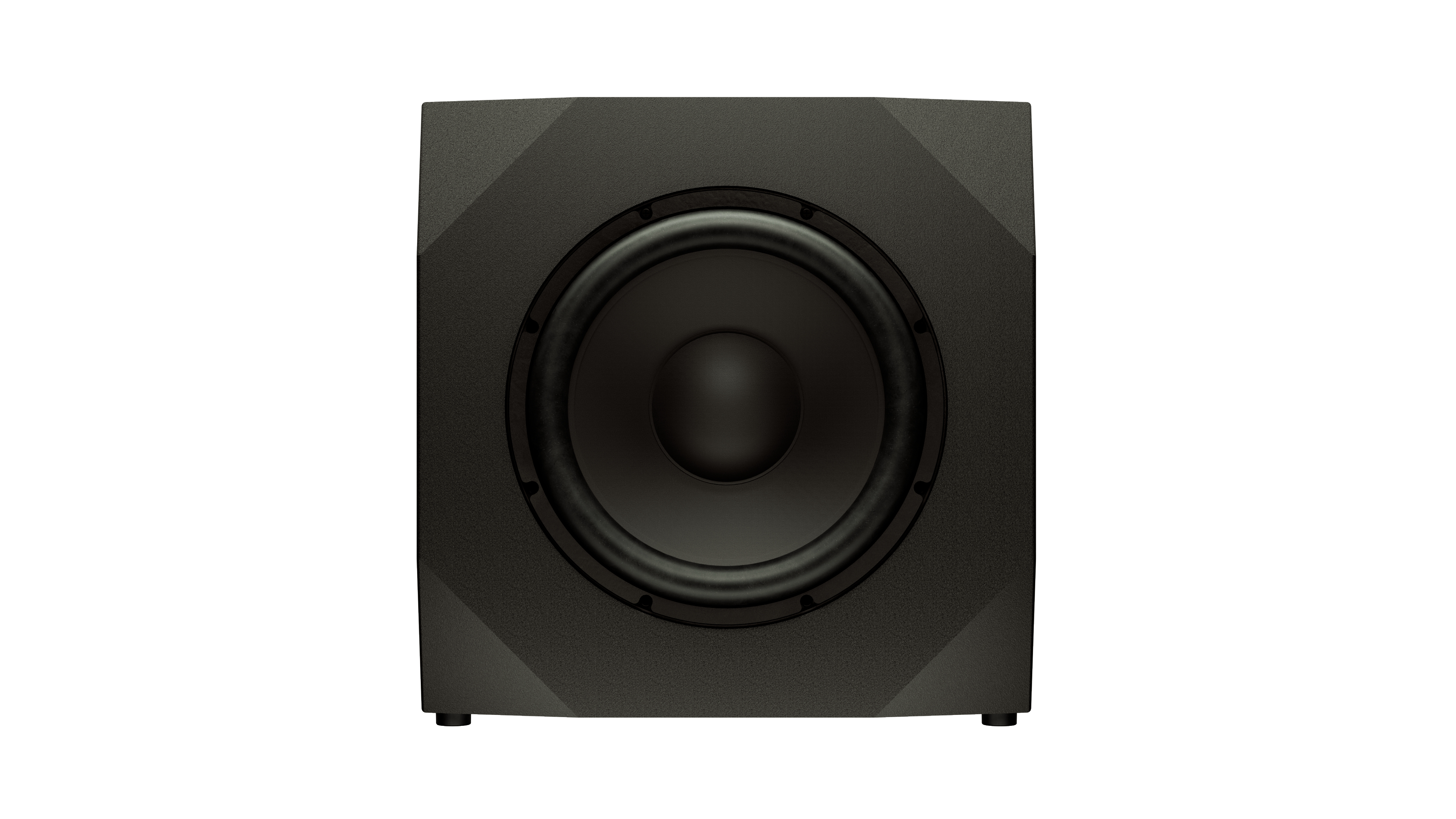 Front view of a black subwoofer speaker with a large central cone.