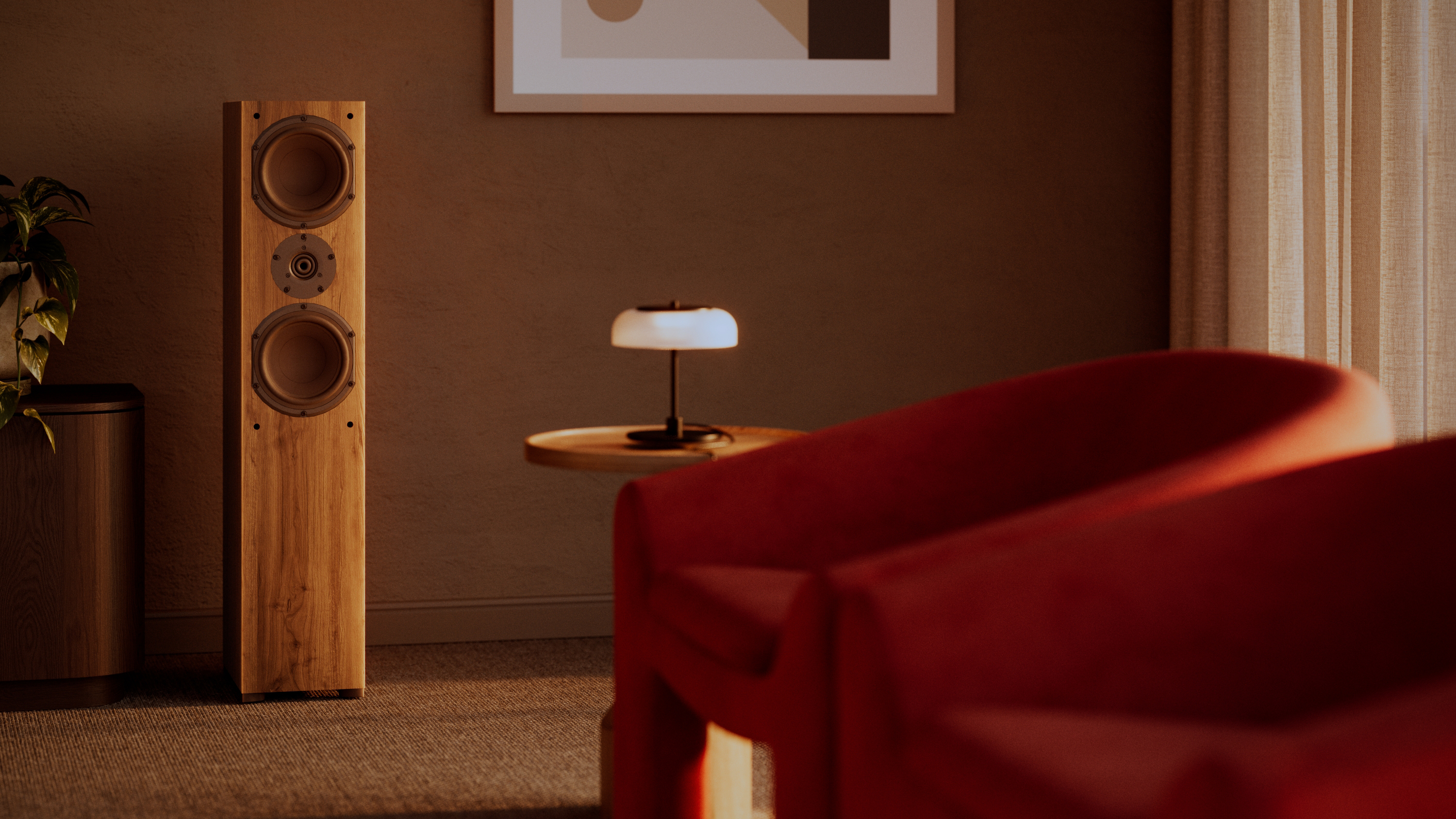 Walnut Graphix Centre speaker on a wooden bookshelf in a cozy lovely setting