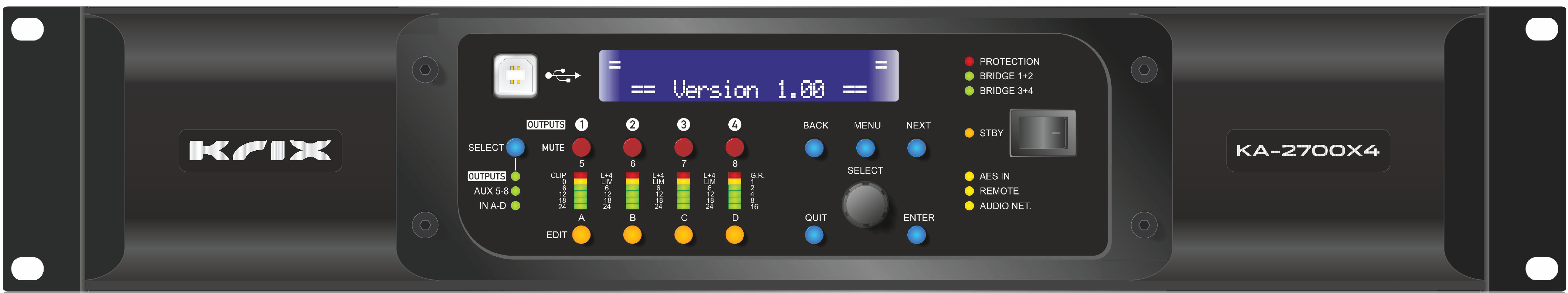 Front view of Krix KA-2700X4 professional audio amplifier with LCD display showing version 1.00, multiple LED indicators, buttons for menu navigation, output mute, and control knob.