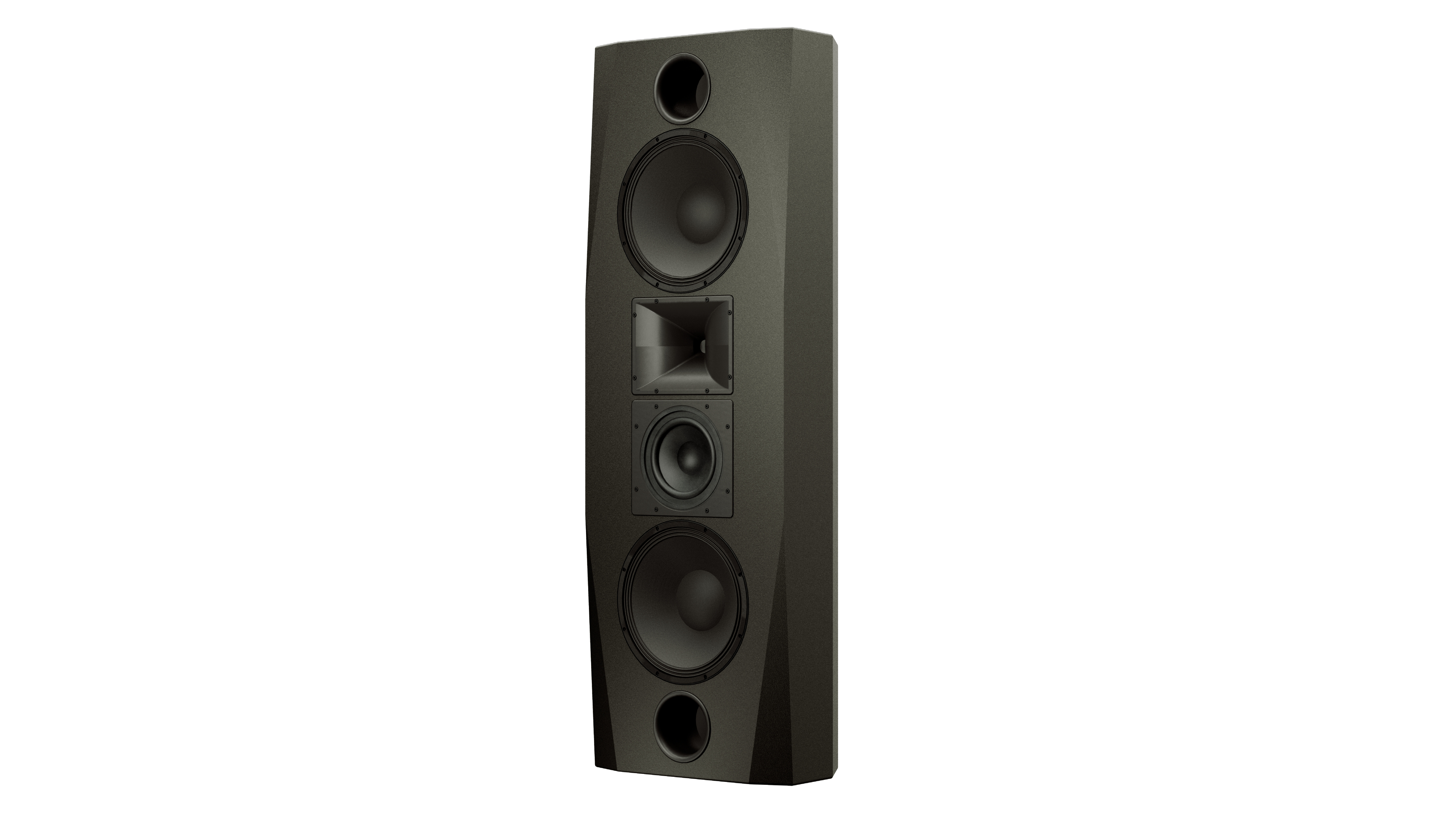 Tall, modern black speaker with two large woofers, one mid-range driver, and a square horn tweeter in a vertical arrangement against a black background.