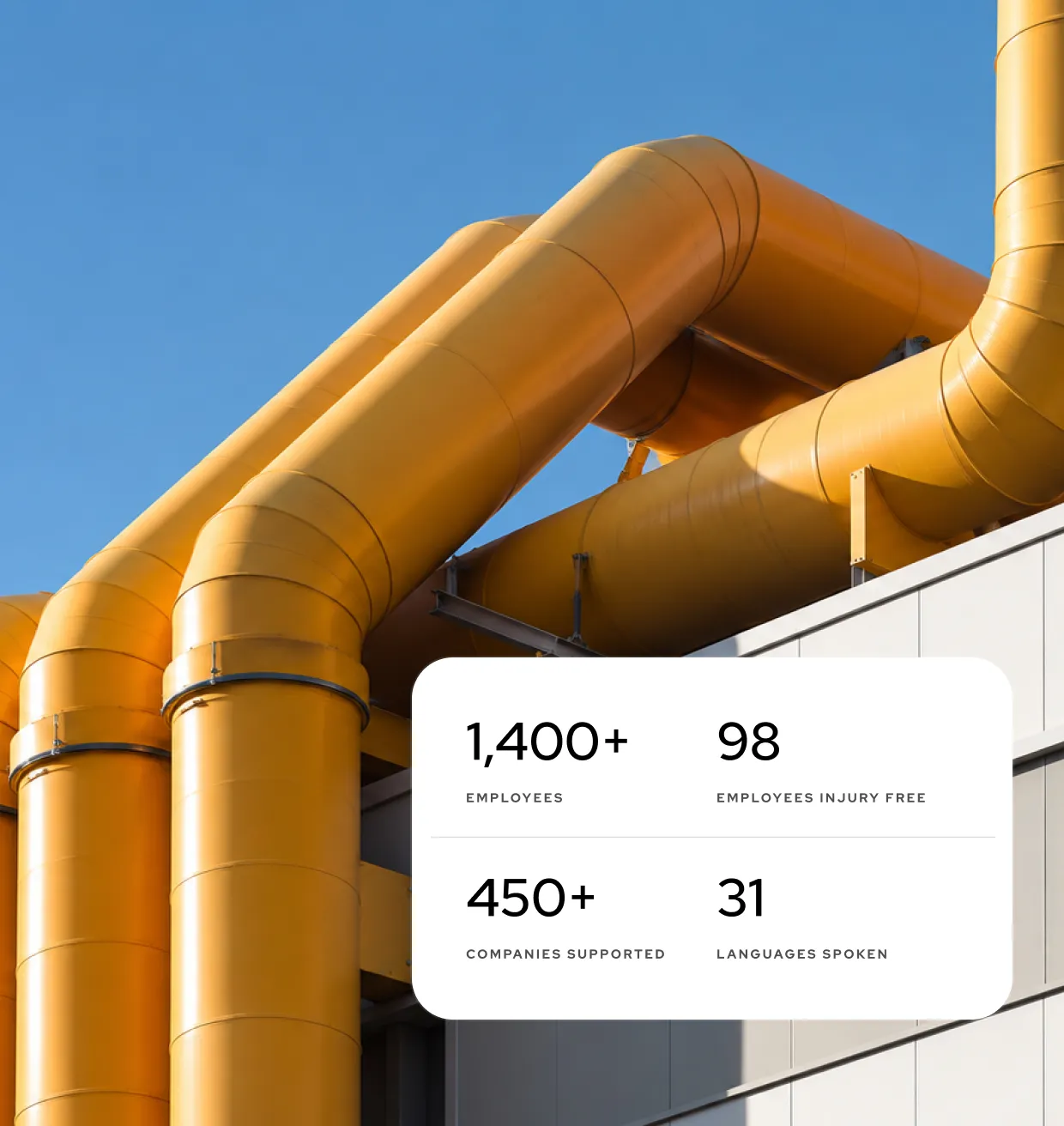 1,400+ employees
98 employees injury free
450+ companies supported
31 languages spoken