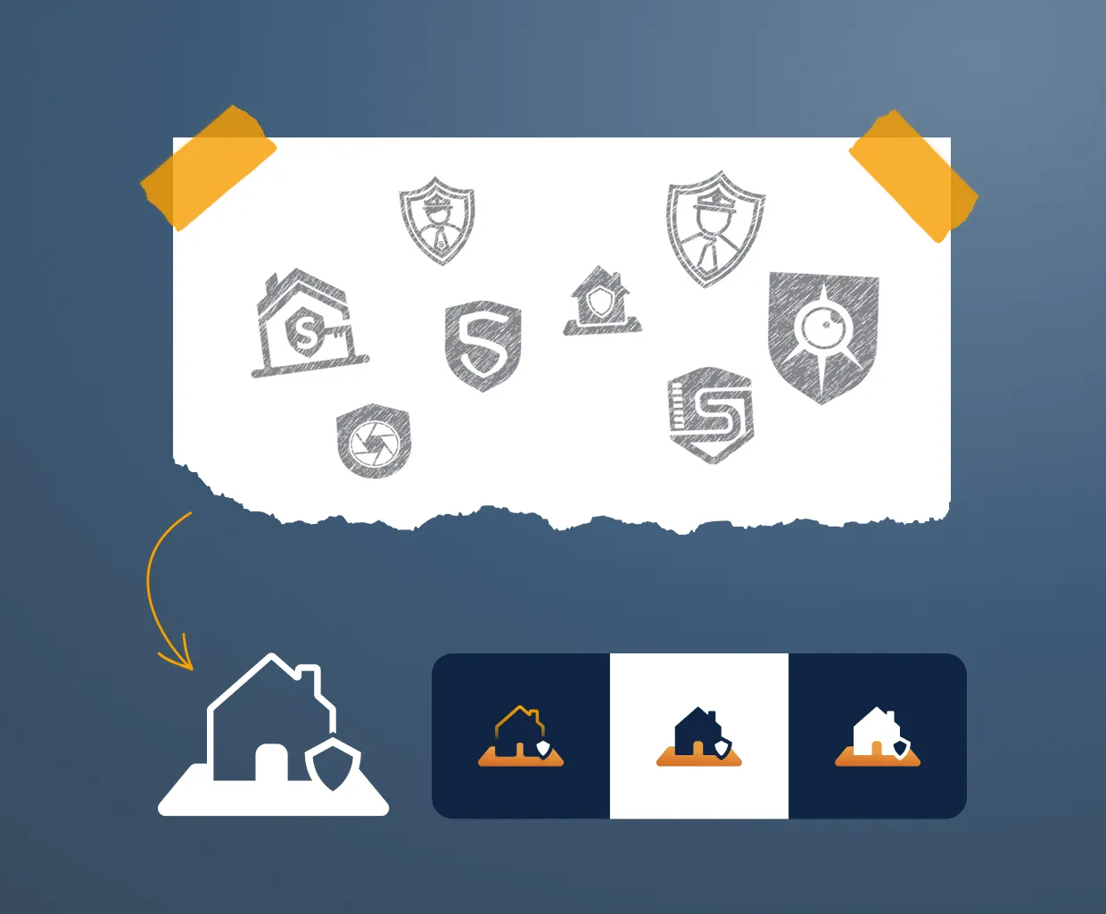 Design process showing multiple hand-drawn security-themed shield and house icon sketches on taped paper with a yellow arrow pointing to a finalized digital icon of a house with a shield, displayed in three color variations on a selection bar.