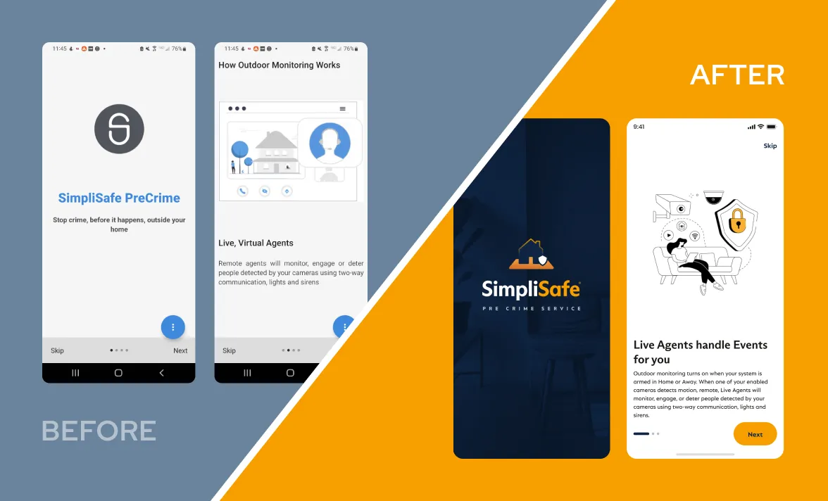 A side-by-side comparison showing a mobile app before and after redesign.