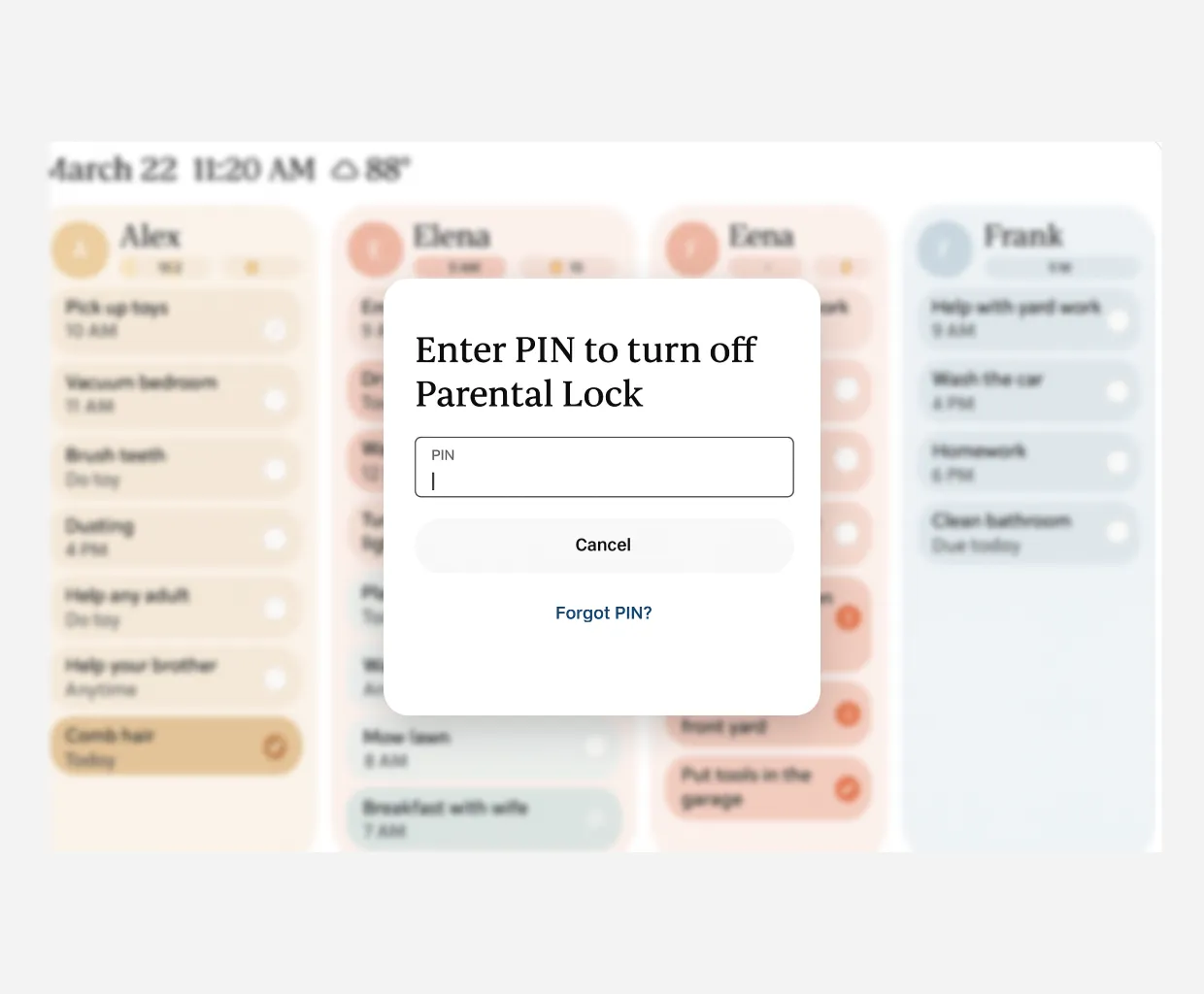 Popup window prompting to enter PIN to turn off Parental Lock, with a PIN input box, a Cancel button, and a 'Forgot PIN?' link.
