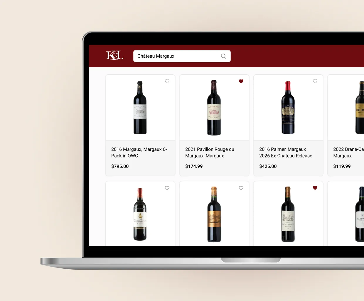 Laptop screen showing an online wine store search results for Château Margaux