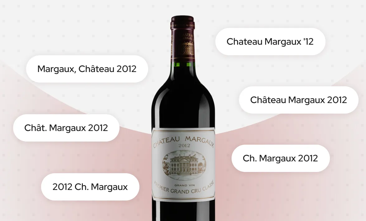 A bottle of Chateau Margaux 2012 wine with different text variations of the label name around it including 'Chateau Margaux '12', 'Margaux, Château 2012', 'Chât. Margaux 2012', 'Château Margaux 2012', 'Ch. Margaux 2012', and '2012 Ch. Margaux'.