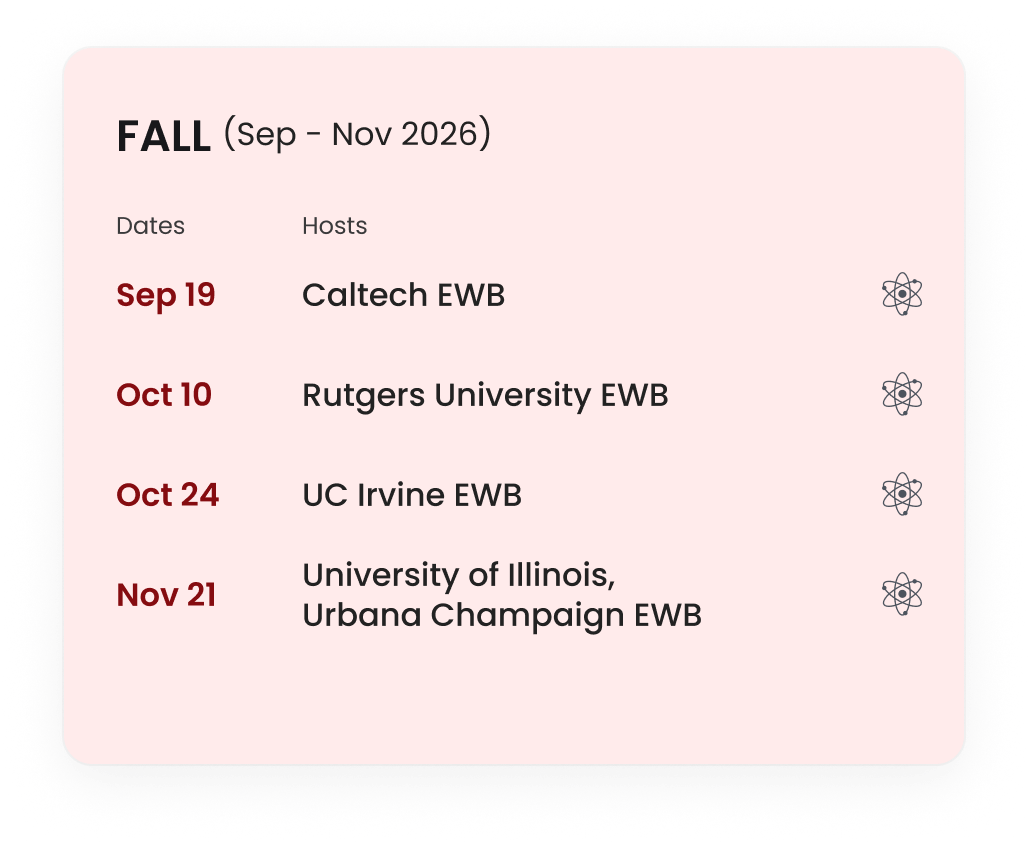 Fall 2026: Sep 19 Caltech EWB; Oct 10 Rutgers EWB; Oct 24 UC Irvine EWB; Nov 21 UIUC EWB.