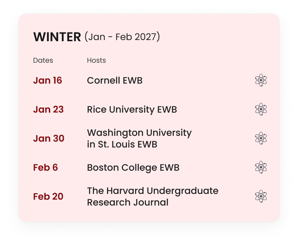 Winter 2027: Jan 16 Cornell EWB; Jan 23 Rice EWB; Jan 30 Washington University EWB; Feb 6 Boston College EWB; Feb 20 Harvard Undergraduate Research Journal.