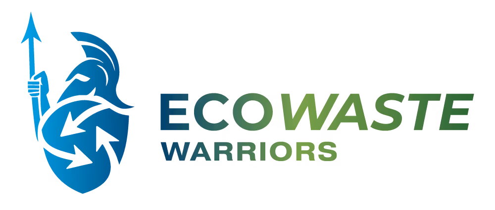 Logo of EcoWaste Warriors featuring a blue warrior holding a spear with recycling symbols.