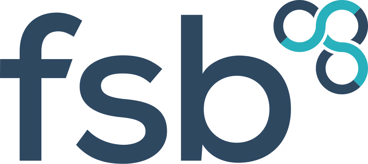 The image shows a logo with the letters "fsb" and two interlinked circles in blue and teal.