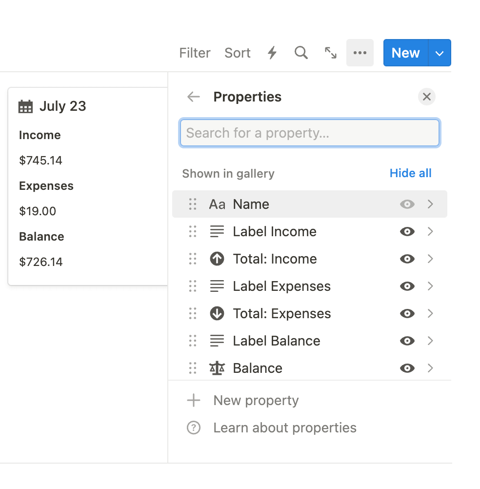 Shown properties of the Months database