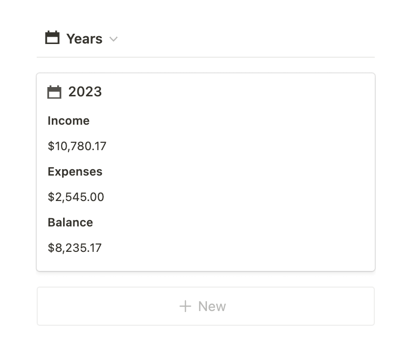 Notion finance tracker Years database